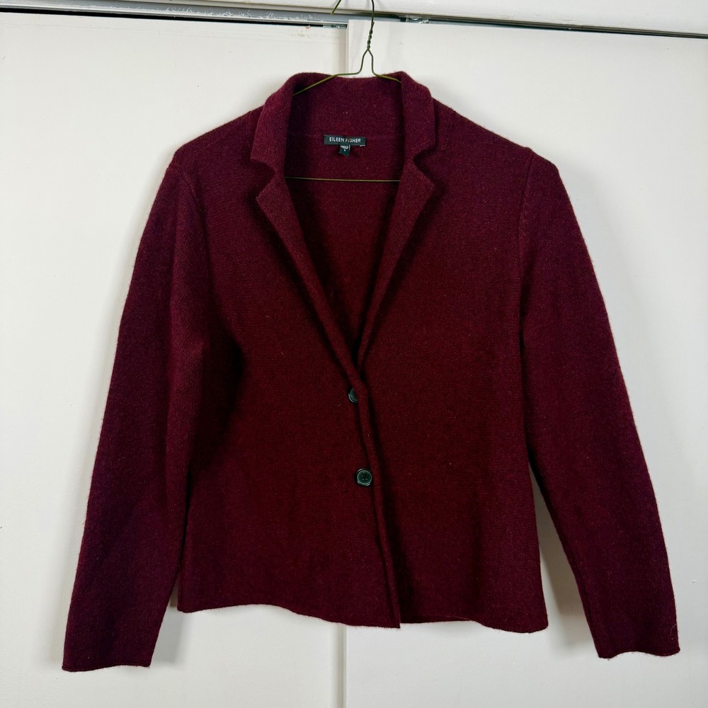 Eileen Fisher Burgundy Cashmere Knit Blazer Jacket Womens Small Wine Red